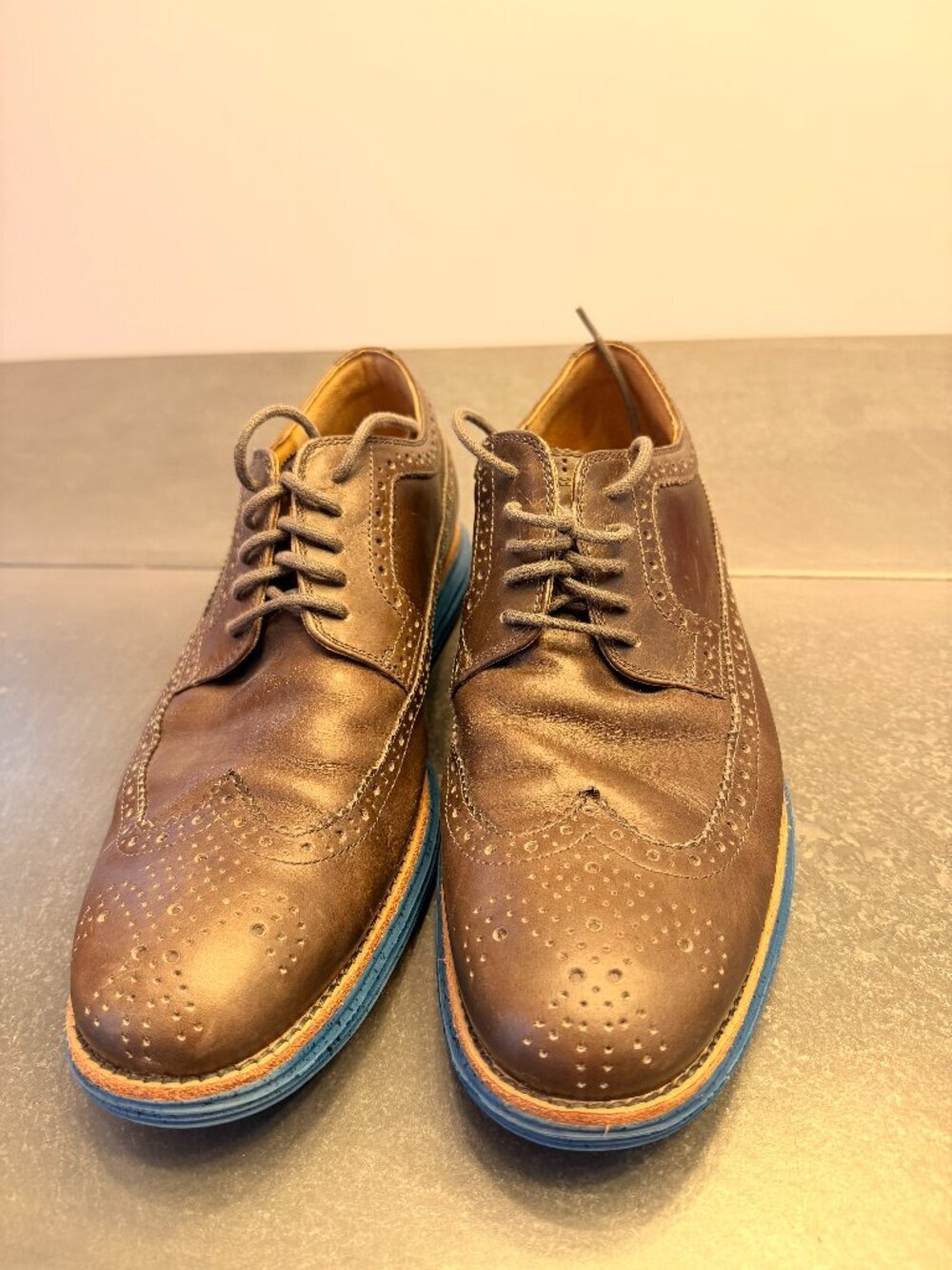 Cole Haan LunarGrand Long Wingtip Oxford Brown Leather Blue Sole Men’s 11.5